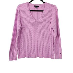 Tommy Hilfiger Cable Knit V Neck Long Sleeve Pink Sweater